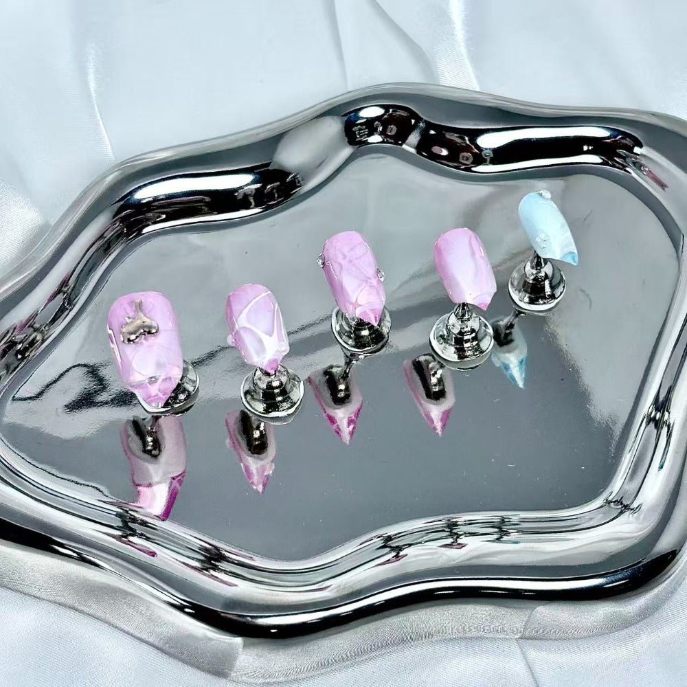 handartnails: "Pastel Cracked Vein Jelly" – Mini Metal Charm Handmade Medium Stiletto Nails - Handartnails