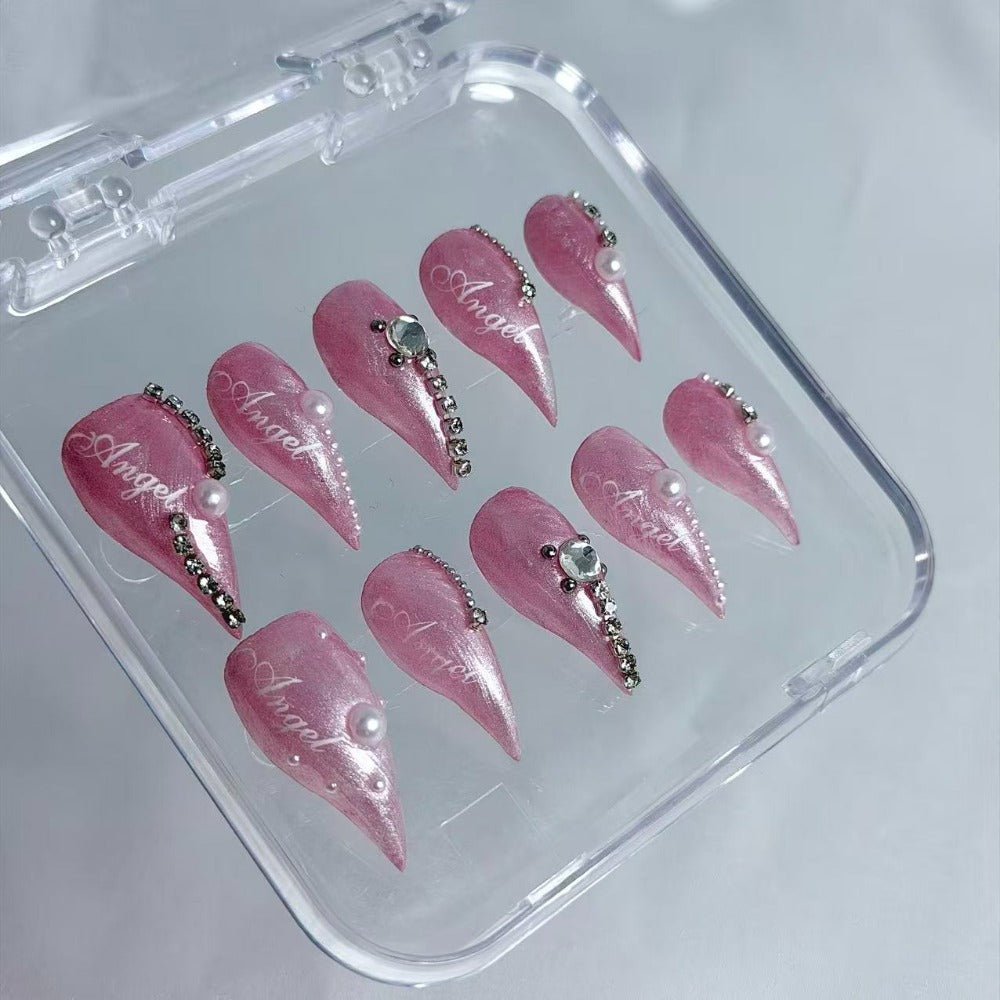 handartnails: "Pink Angel Pearl Glitter" – Rhinestone & Pearl Handmade Medium Stiletto Nails - Handartnails