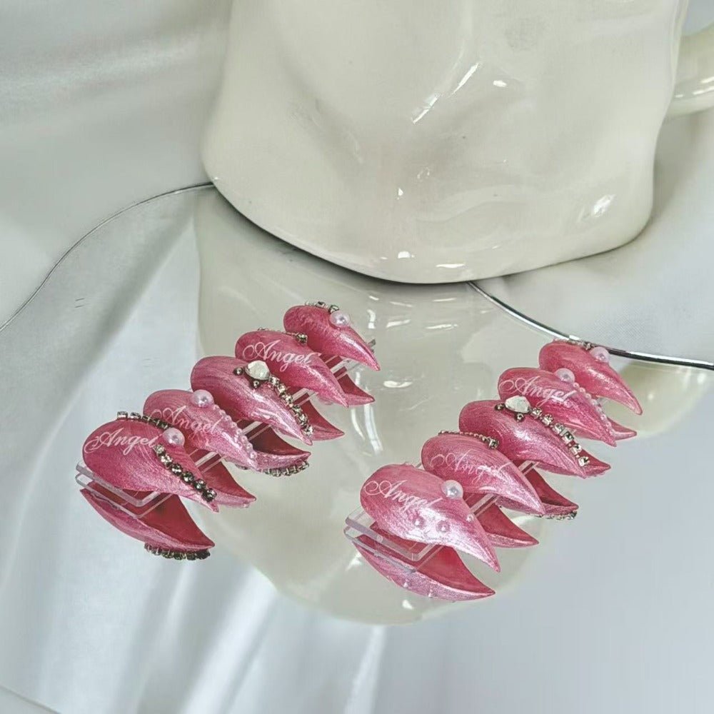handartnails: "Pink Angel Pearl Glitter" – Rhinestone & Pearl Handmade Medium Stiletto Nails - Handartnails