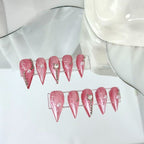 handartnails: "Pink Angel Pearl Glitter" – Rhinestone & Pearl Handmade Medium Stiletto Nails - Handartnails