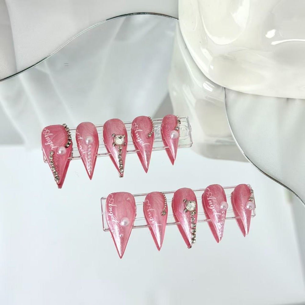 handartnails: "Pink Angel Pearl Glitter" – Rhinestone & Pearl Handmade Medium Stiletto Nails - Handartnails