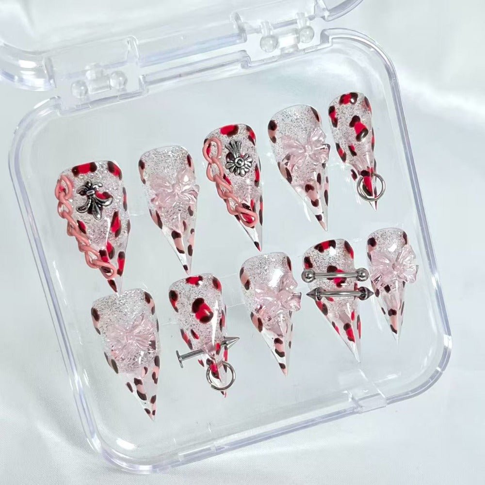 handartnails: "Pink Leopard Cross Piercing Chain" – 3D Resin Flower Metal Charm Handmade Long Stiletto Nails - Handartnails