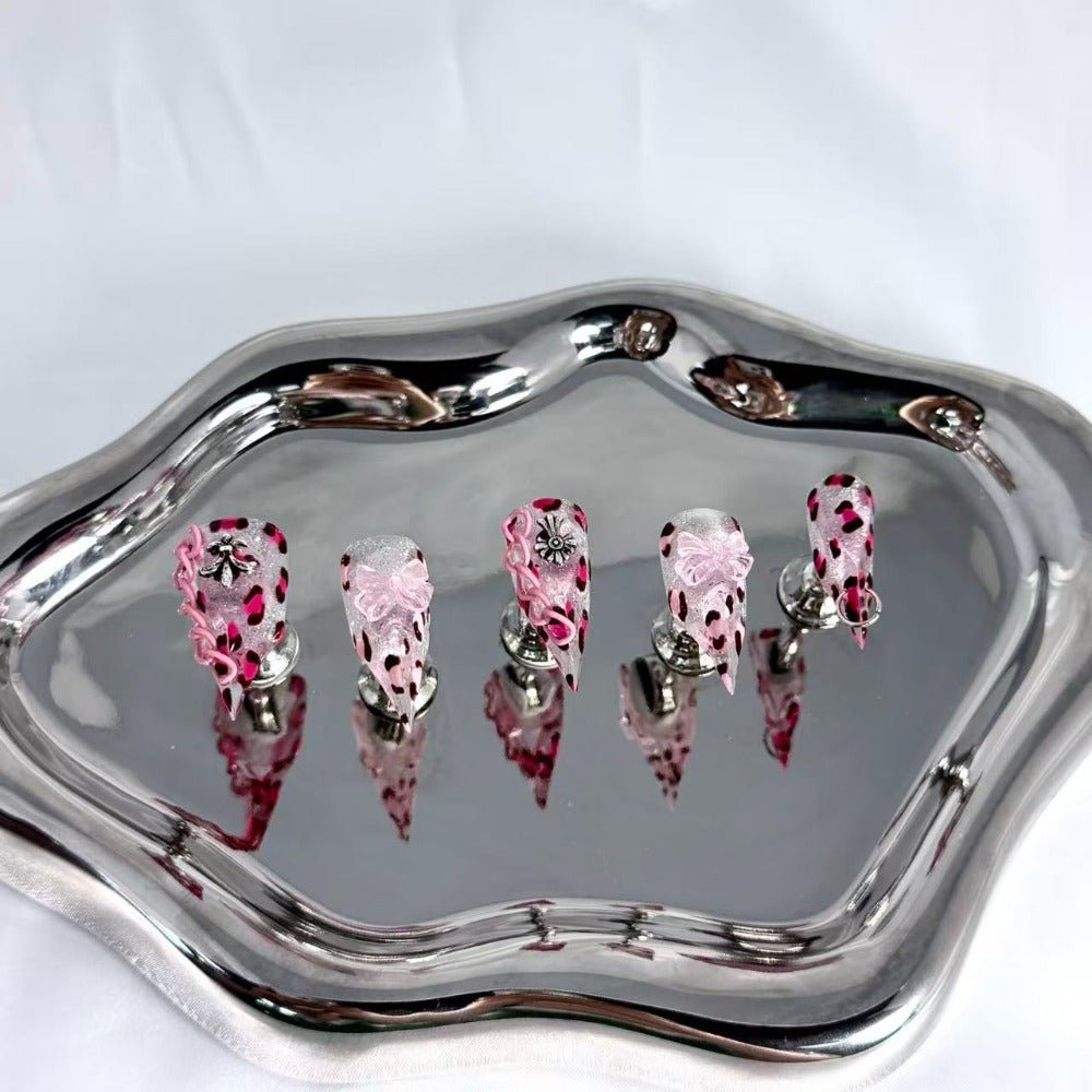 handartnails: "Pink Leopard Cross Piercing Chain" – 3D Resin Flower Metal Charm Handmade Long Stiletto Nails - Handartnails