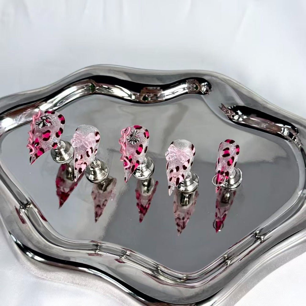 handartnails: "Pink Leopard Cross Piercing Chain" – 3D Resin Flower Metal Charm Handmade Long Stiletto Nails - Handartnails