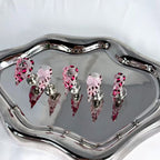handartnails: "Pink Leopard Cross Piercing Chain" – 3D Resin Flower Metal Charm Handmade Long Stiletto Nails - Handartnails