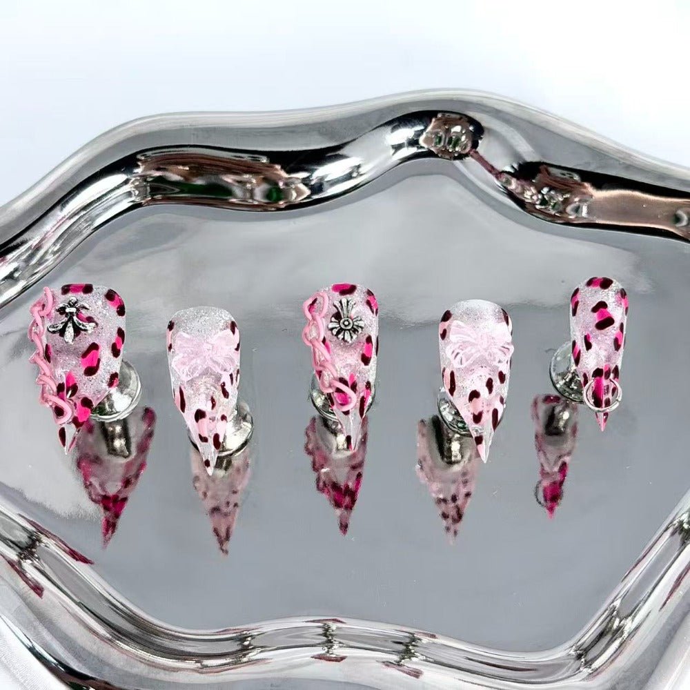 handartnails: "Pink Leopard Cross Piercing Chain" – 3D Resin Flower Metal Charm Handmade Long Stiletto Nails - Handartnails