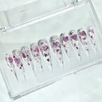 handartnails: "Pink Silver Glitter Heart Filigree" – Foil Flake & Metal Heart Handmade Long Stiletto Nails - Handartnails