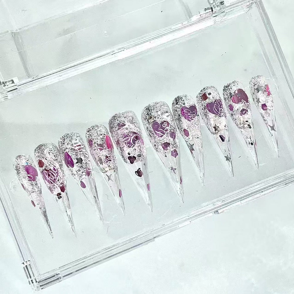handartnails: "Pink Silver Glitter Heart Filigree" – Foil Flake & Metal Heart Handmade Long Stiletto Nails - Handartnails