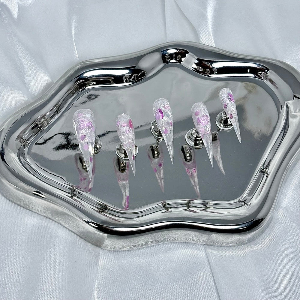 handartnails: "Pink Silver Glitter Heart Filigree" – Foil Flake & Metal Heart Handmade Long Stiletto Nails - Handartnails