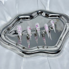 handartnails: "Pink Silver Glitter Heart Filigree" – Foil Flake & Metal Heart Handmade Long Stiletto Nails - Handartnails