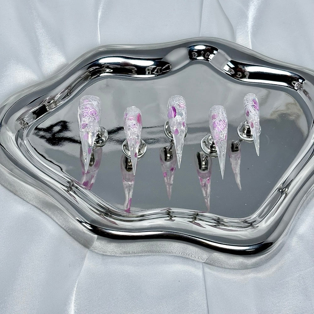 handartnails: "Pink Silver Glitter Heart Filigree" – Foil Flake & Metal Heart Handmade Long Stiletto Nails - Handartnails
