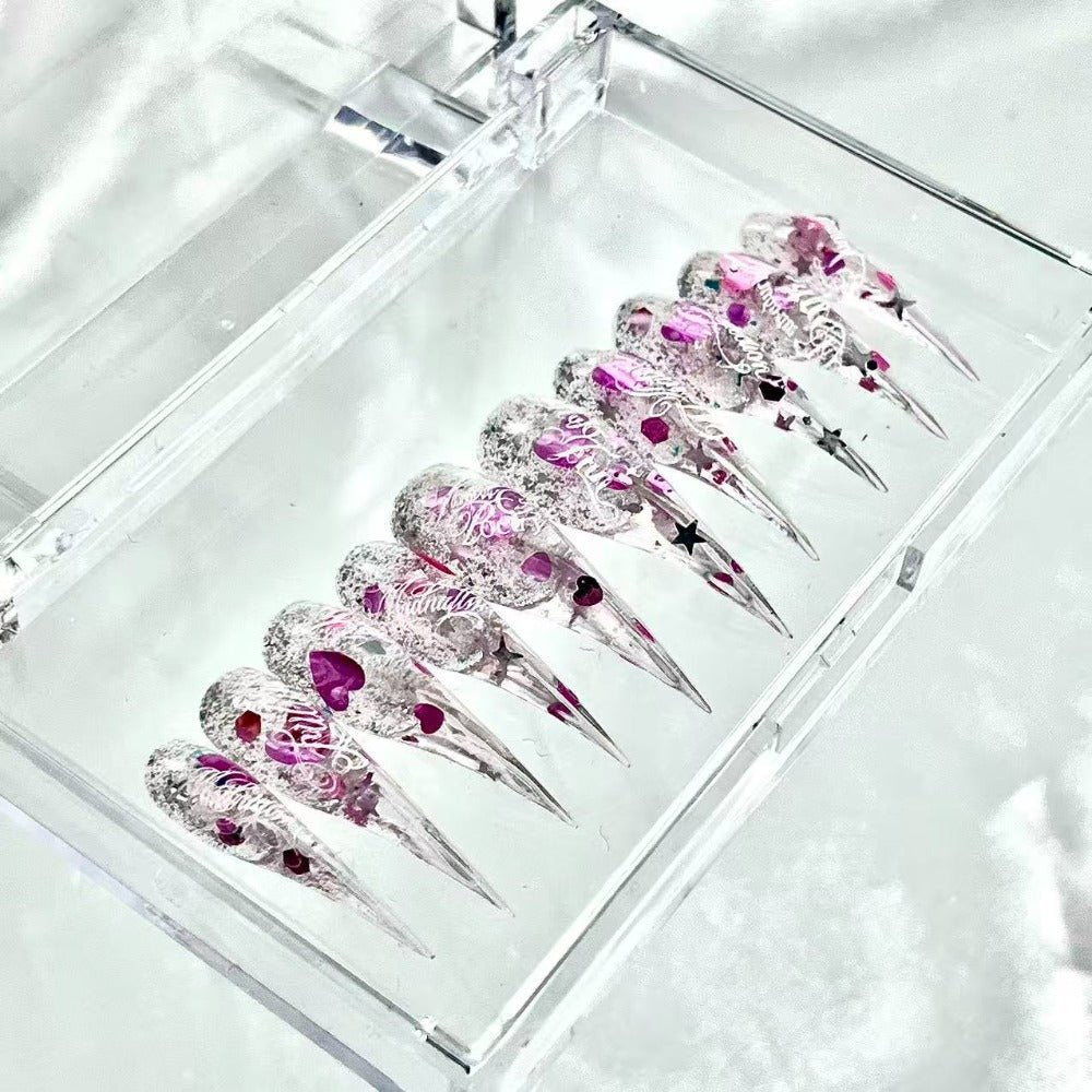 handartnails: "Pink Silver Glitter Heart Filigree" – Foil Flake & Metal Heart Handmade Long Stiletto Nails - Handartnails