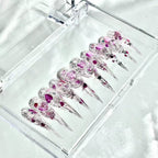 handartnails: "Pink Silver Glitter Heart Filigree" – Foil Flake & Metal Heart Handmade Long Stiletto Nails - Handartnails