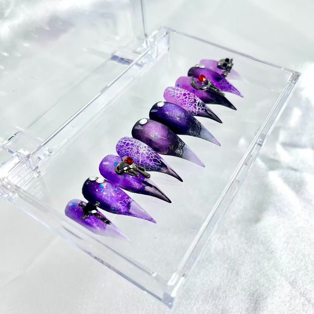 handartnails: "Purple Gothic Lace Moon Skull" – 3D Red Heart Metal Charm Handmade Long Stiletto Nails - Handartnails