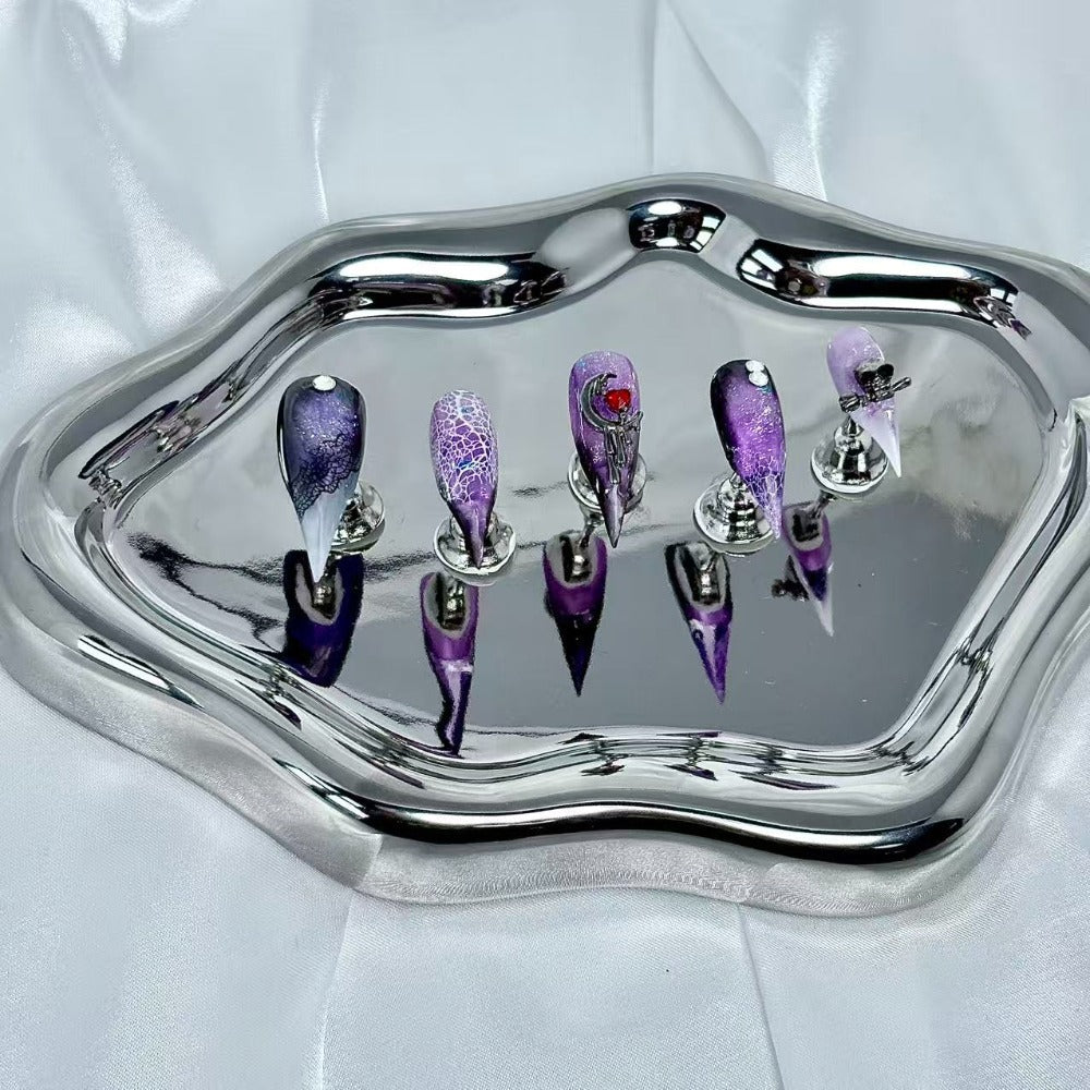 handartnails: "Purple Gothic Lace Moon Skull" – 3D Red Heart Metal Charm Handmade Long Stiletto Nails - Handartnails
