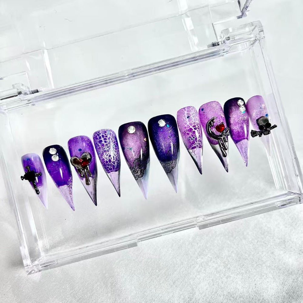 handartnails: "Purple Gothic Lace Moon Skull" – 3D Red Heart Metal Charm Handmade Long Stiletto Nails - Handartnails