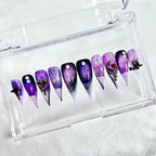 handartnails: "Purple Gothic Lace Moon Skull" – 3D Red Heart Metal Charm Handmade Long Stiletto Nails - Handartnails