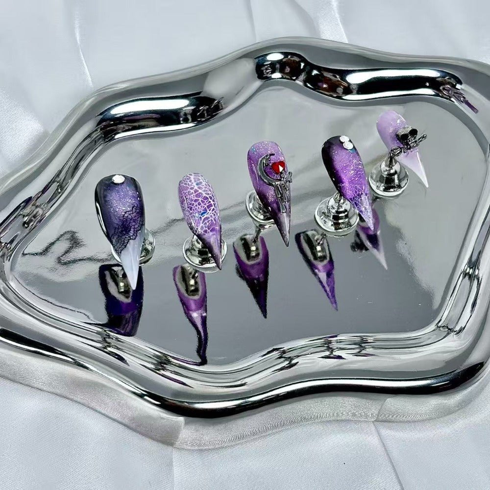 handartnails: "Purple Gothic Lace Moon Skull" – 3D Red Heart Metal Charm Handmade Long Stiletto Nails - Handartnails
