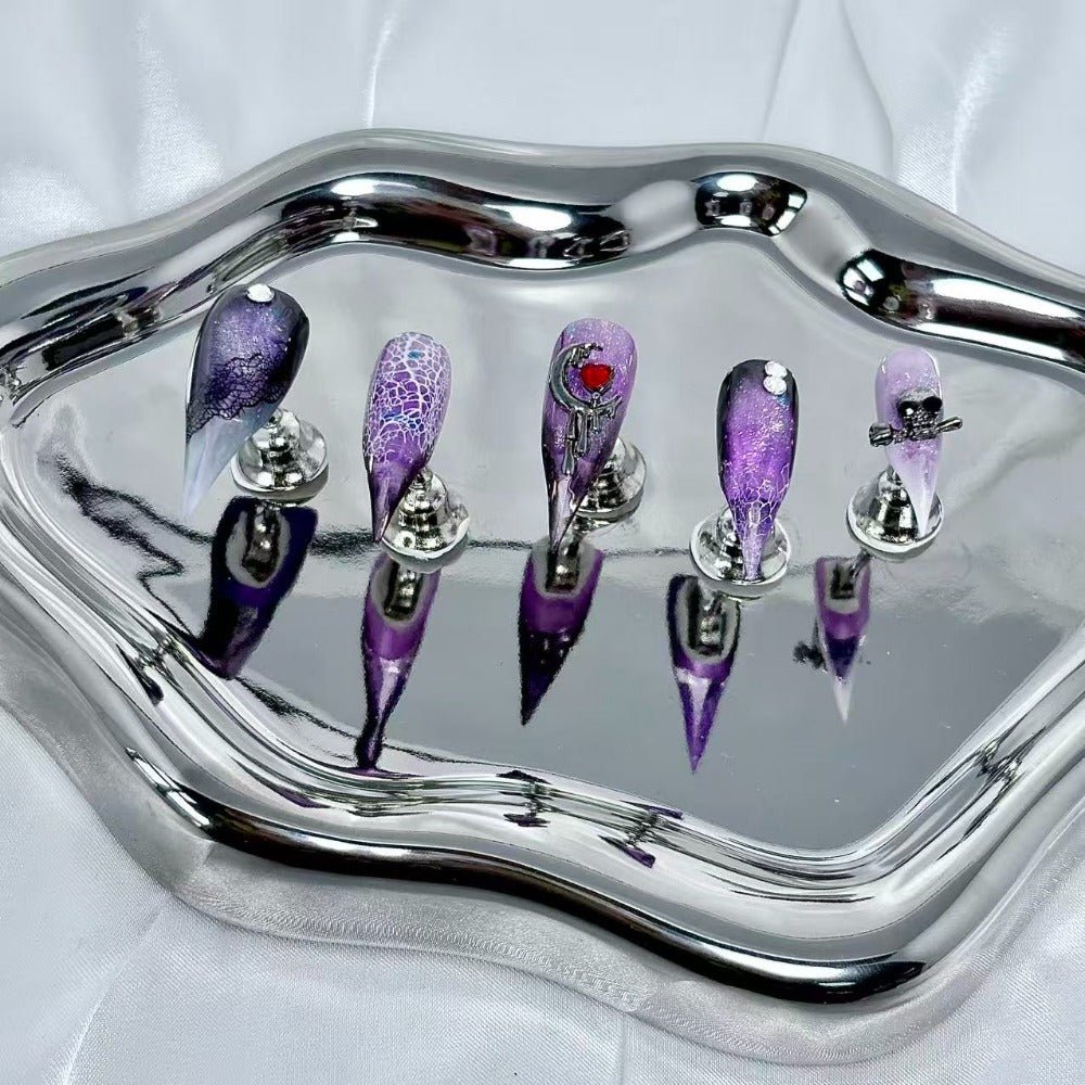 handartnails: "Purple Gothic Lace Moon Skull" – 3D Red Heart Metal Charm Handmade Long Stiletto Nails - Handartnails