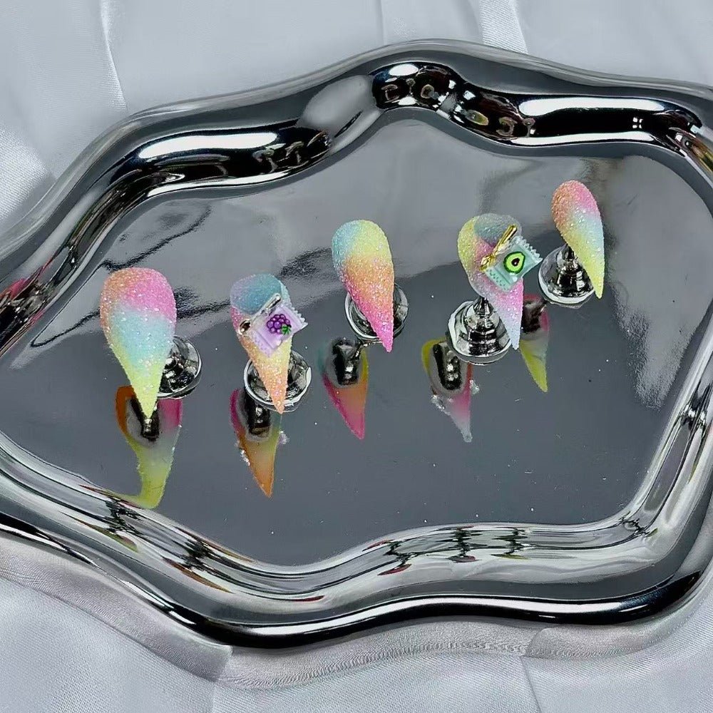handartnails: "Rainbow Glitter Fruit Heart" – 3D Mini Fruit Letter Charm Handmade Stiletto Nails - Handartnails