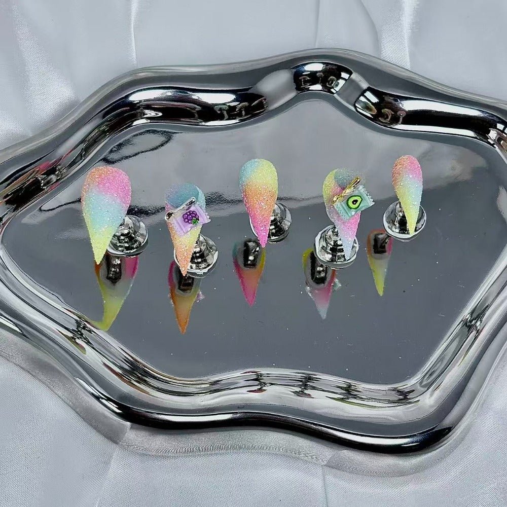 handartnails: "Rainbow Glitter Fruit Heart" – 3D Mini Fruit Letter Charm Handmade Stiletto Nails - Handartnails