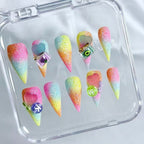 handartnails: "Rainbow Glitter Fruit Heart" – 3D Mini Fruit Letter Charm Handmade Stiletto Nails - Handartnails