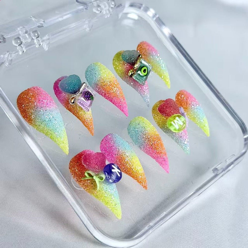handartnails: "Rainbow Glitter Fruit Heart" – 3D Mini Fruit Letter Charm Handmade Stiletto Nails - Handartnails