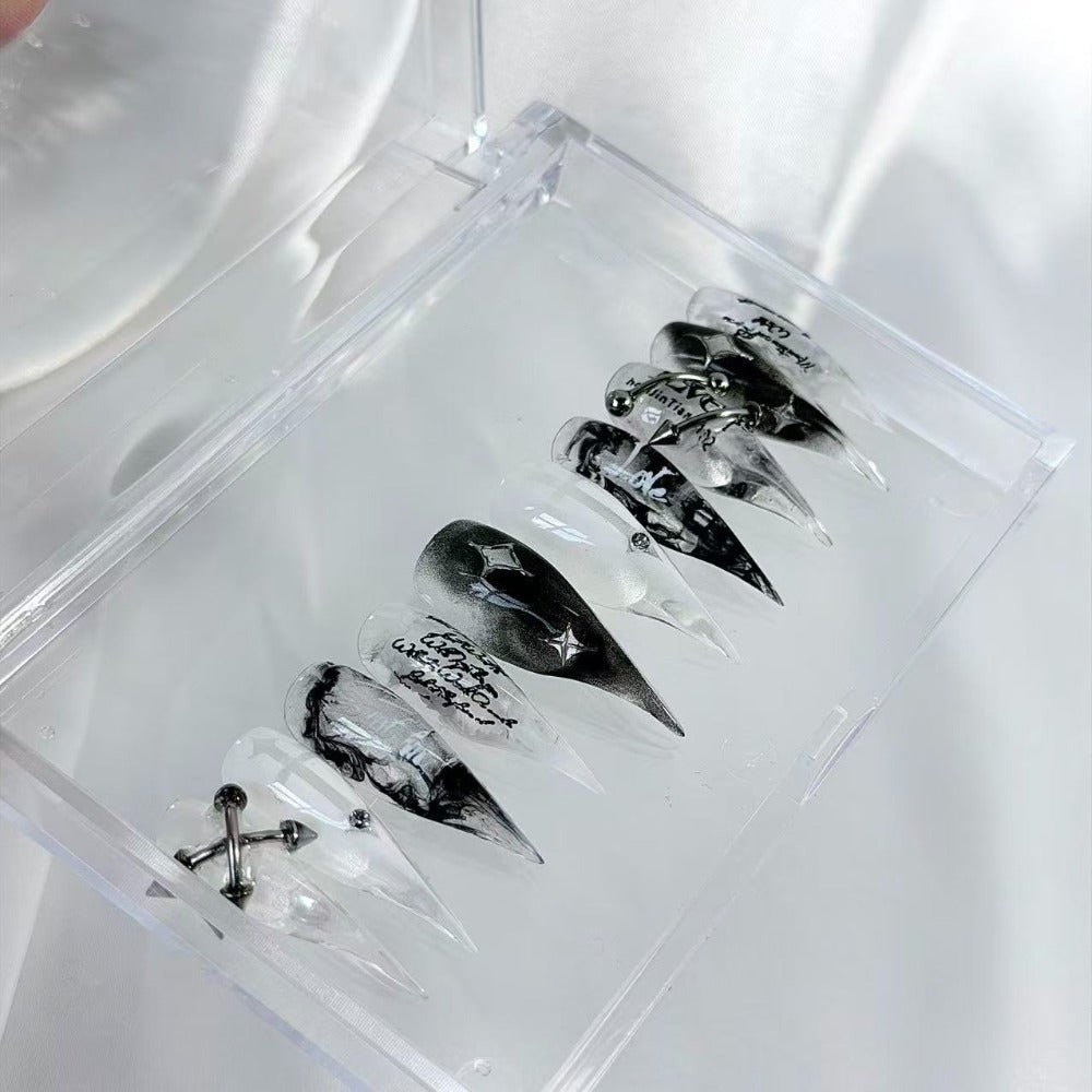 handartnails: "Smoke Script Piercing Cross Star" – Metal Piercing Charm Handmade Long Stiletto Nails - Handartnails