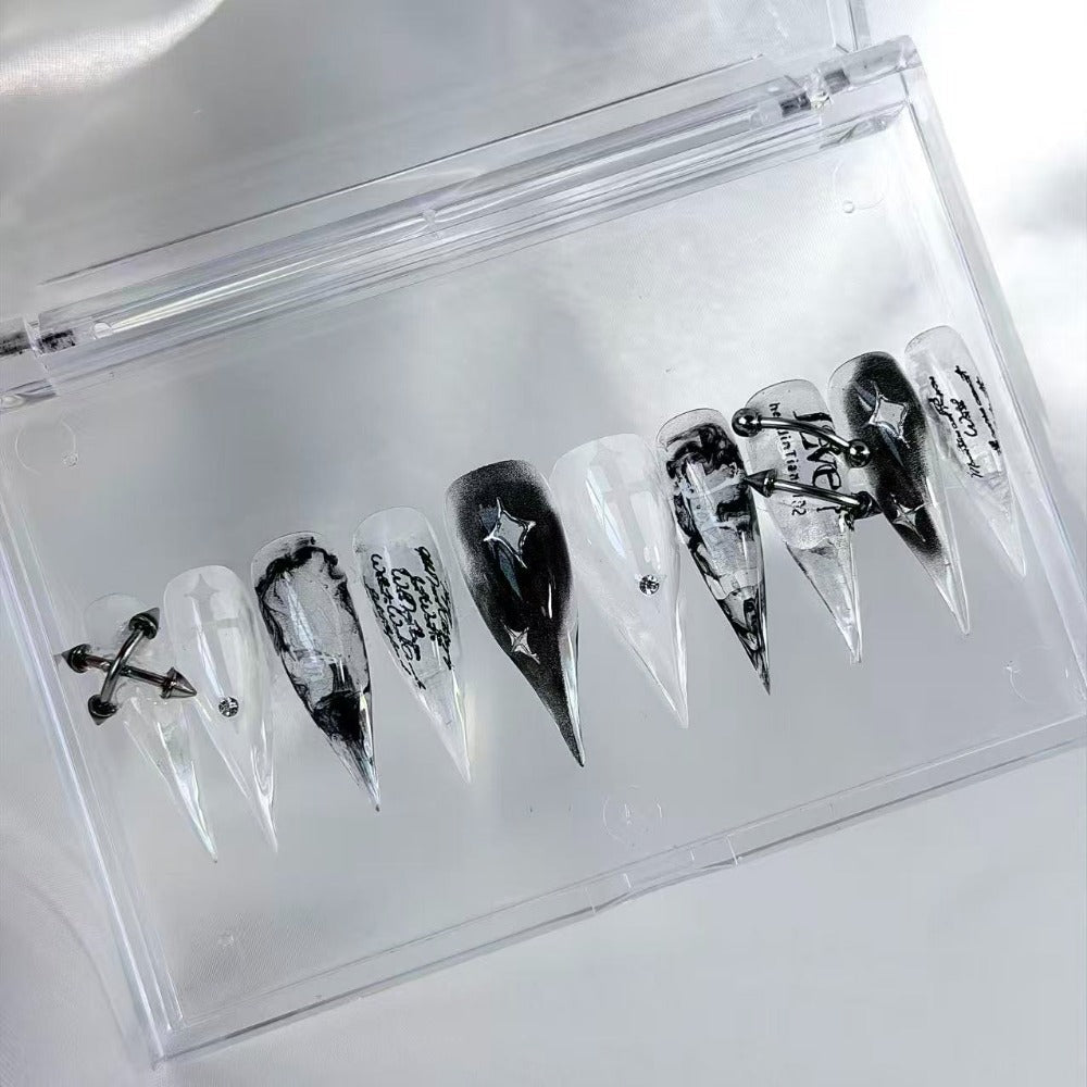 handartnails: "Smoke Script Piercing Cross Star" – Metal Piercing Charm Handmade Long Stiletto Nails - Handartnails