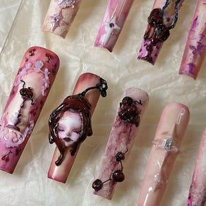 Bloody Cherry Gothic Doll Nails "Blood Stain" | Handartnails