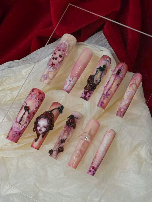 Bloody Cherry Gothic Doll Nails "Blood Stain" | Handartnails