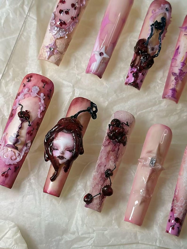 Bloody Cherry Gothic Doll Nails "Blood Stain" | Handartnails