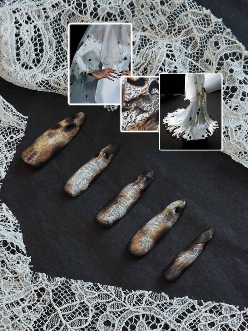 Burnt Lace Gothic Bride Nails "Ember Bride" |  Handartnails