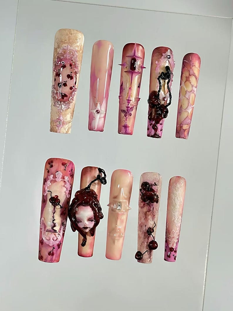 Bloody Cherry Gothic Doll Nails "Blood Stain" | Handartnails