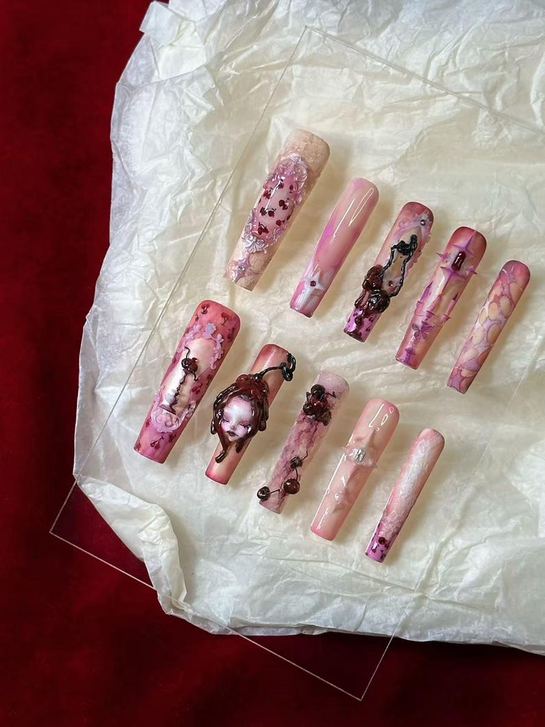 Bloody Cherry Gothic Doll Nails "Blood Stain" | Handartnails
