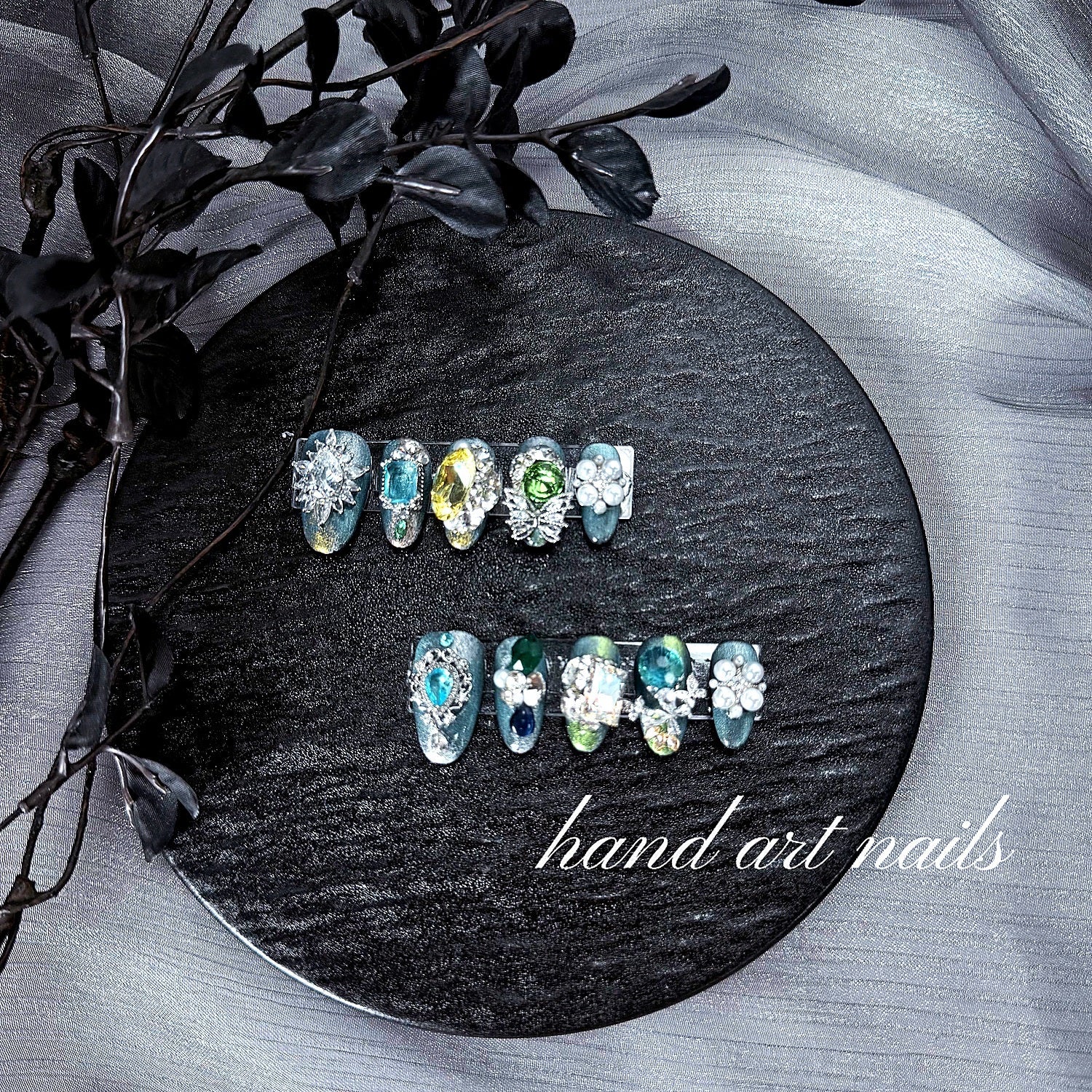 Luxury Blue-Green Gemstone Handmade Press-On Nails - Handartnails