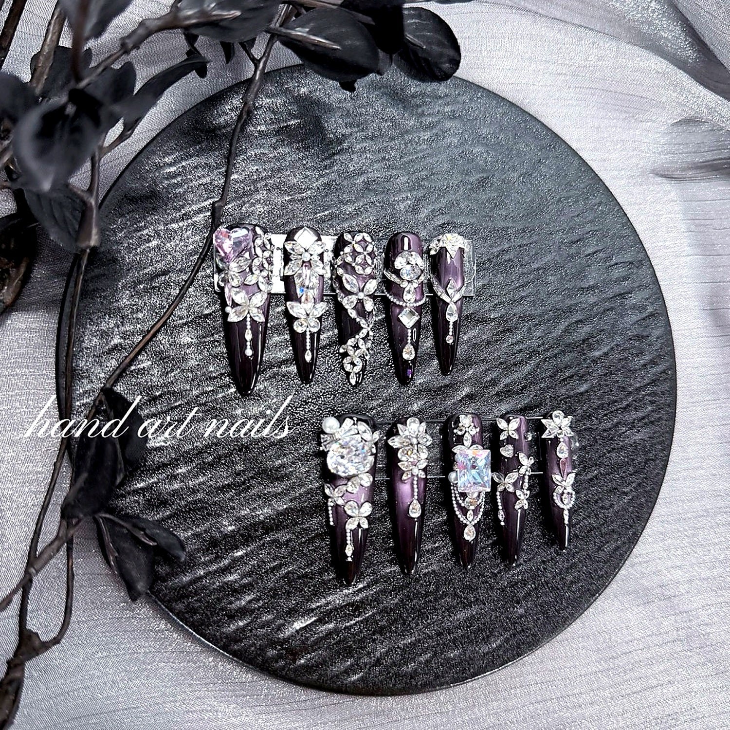 Luxury Handmade Purple Rhinestone Long Press-On Nails - Handartnails