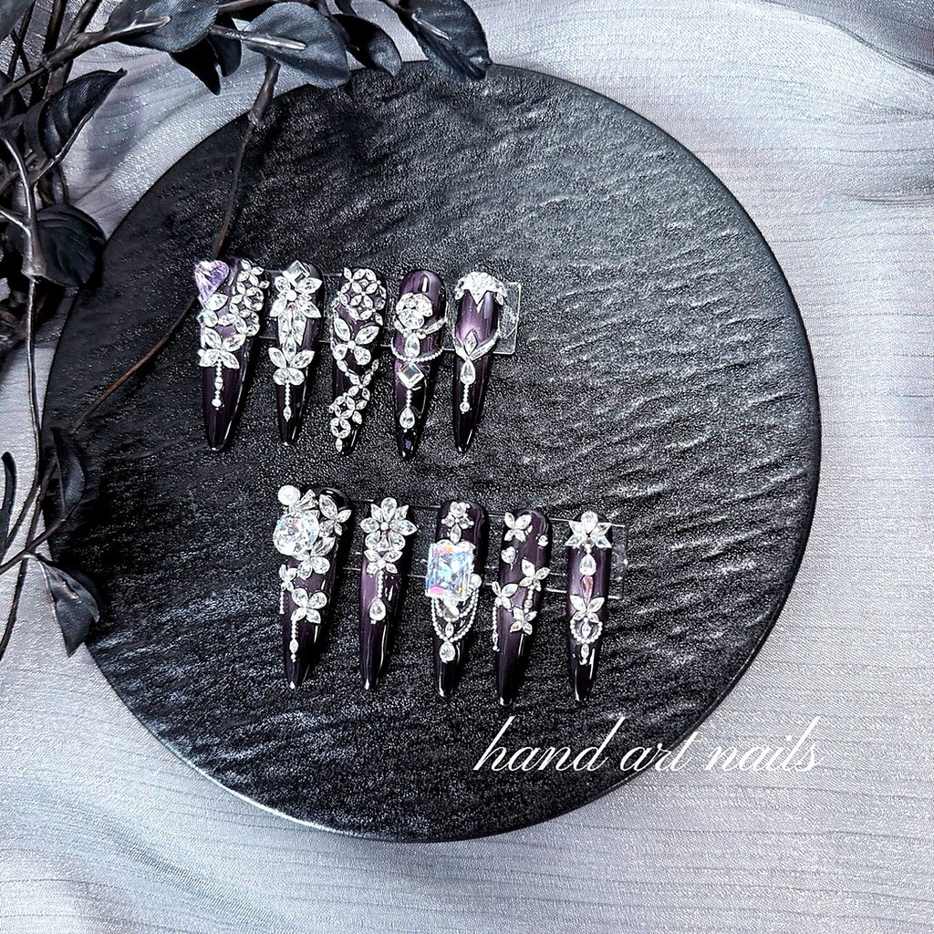 Luxury Handmade Purple Rhinestone Long Press-On Nails - Handartnails