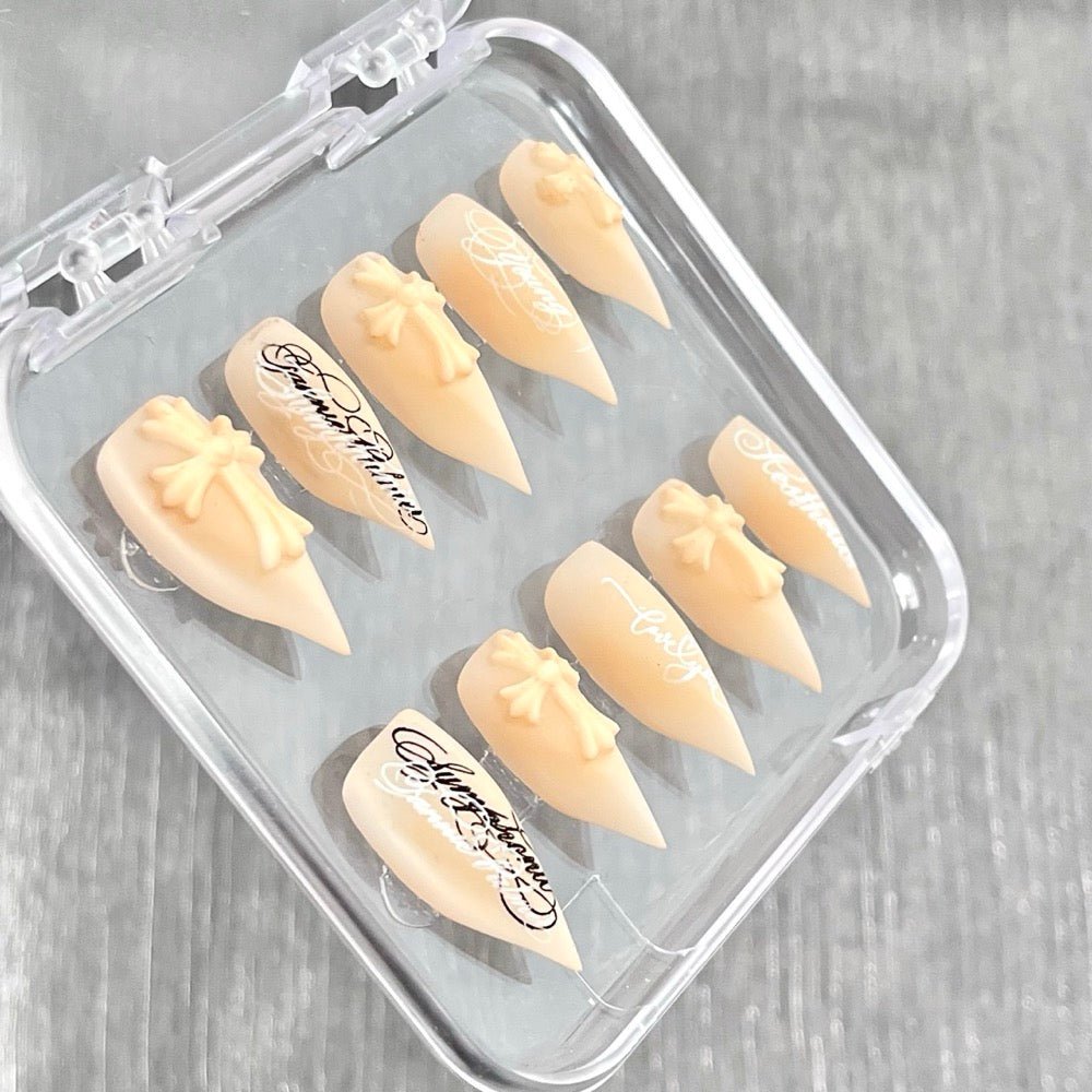 "Matte Nude Gothic Cross" - 3D Embossed Calligraphy Nails - Handartnails