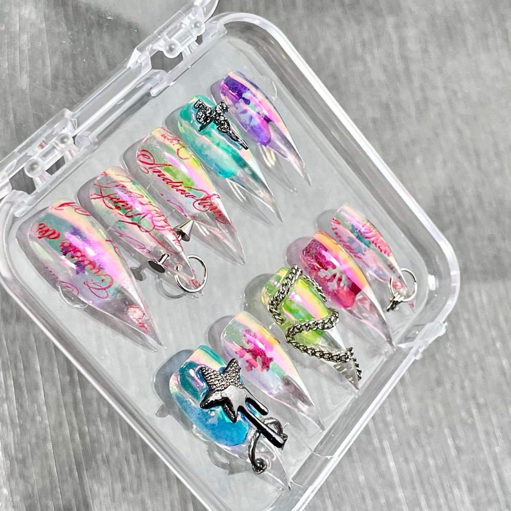 "Neon Aurora Cyberpunk" - Holographic Pierced Y2K Nails - Handartnails
