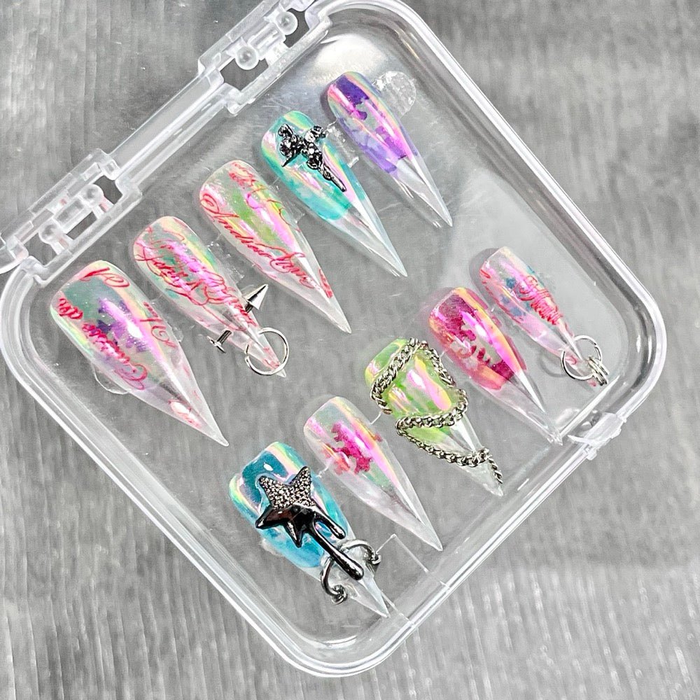 "Neon Aurora Cyberpunk" - Holographic Pierced Y2K Nails - Handartnails