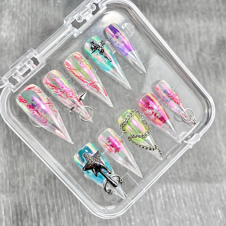 "Neon Aurora Cyberpunk" - Holographic Pierced Y2K Nails