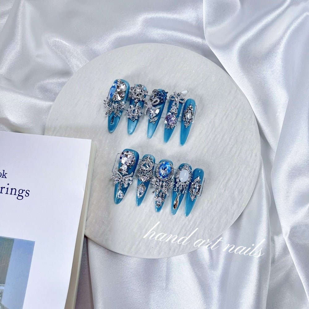 Ocean Blue Crystal Handmade Press On Nails - Handartnails
