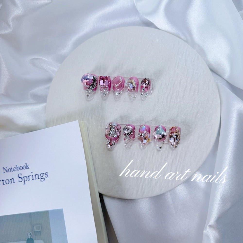 Pink Crystal Romance Handmade Press On Nails - Handartnails