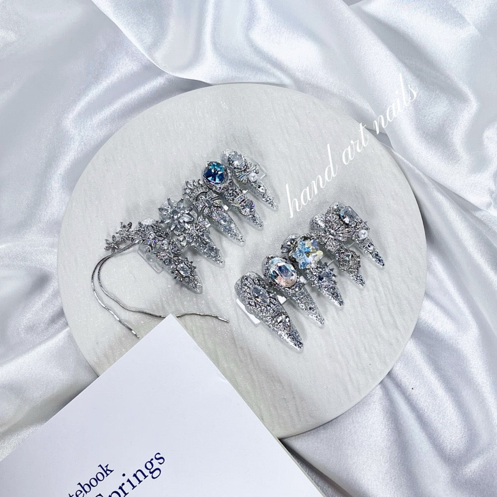 Silver Ice Blue Rhinestone Handmade Press On Nails - Handartnails