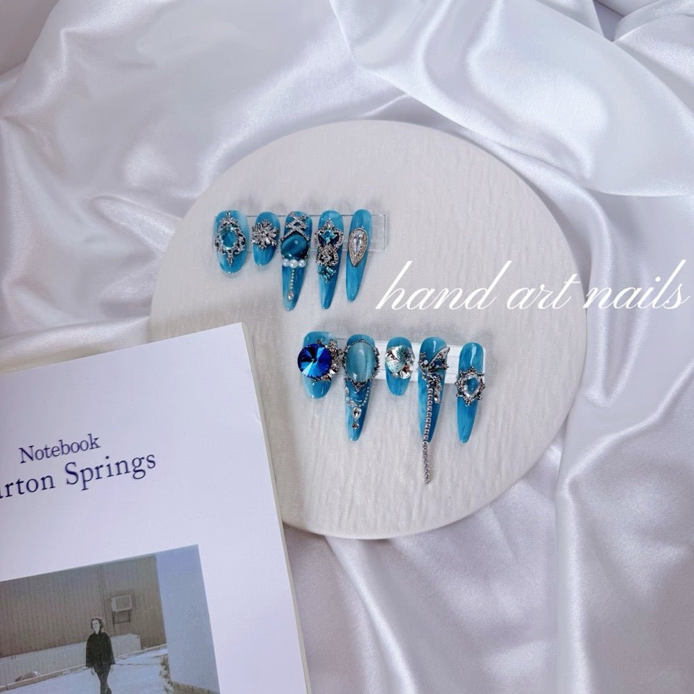 Turquoise Blue Gem Handmade Press On Nails - Handartnails