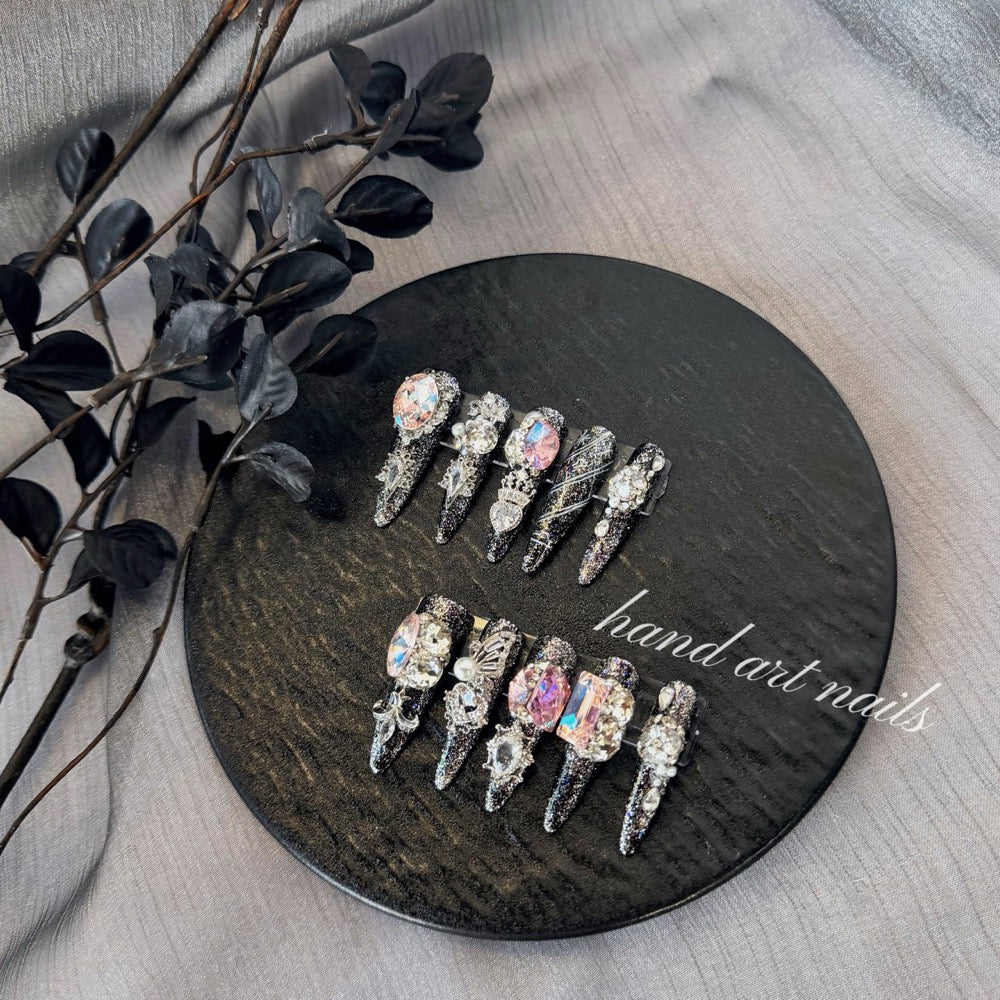 Crystal embellished black press-on nails by HandArtNails