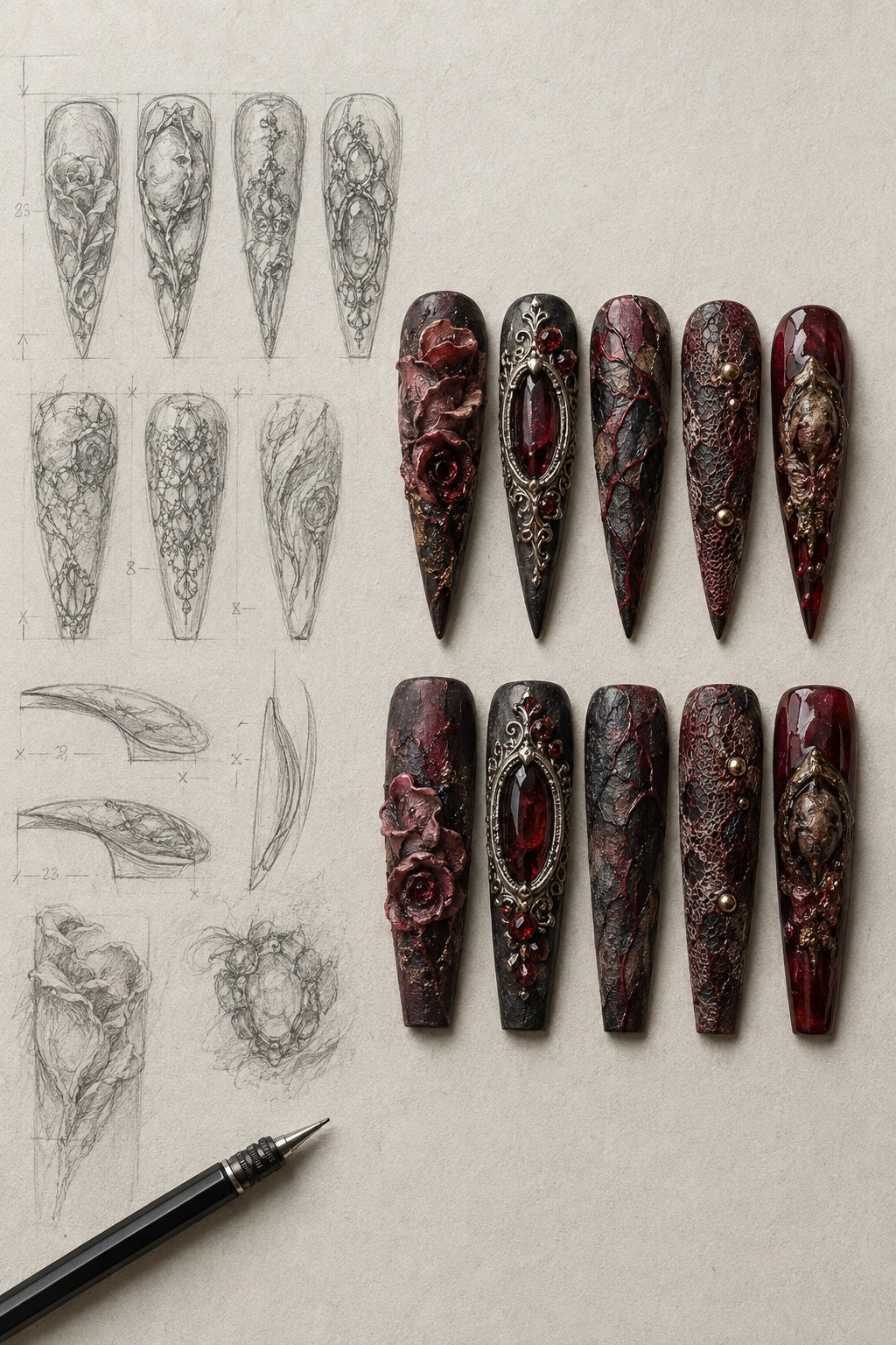 Custom nail sketches beside ten handcrafted finished nails